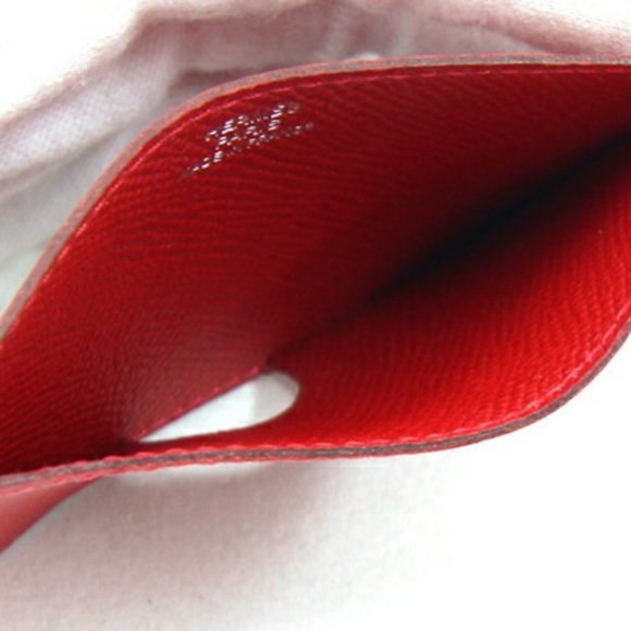 Hermes Card Case Polcour Rouge Leather Pass Holder Red Women's HERMES